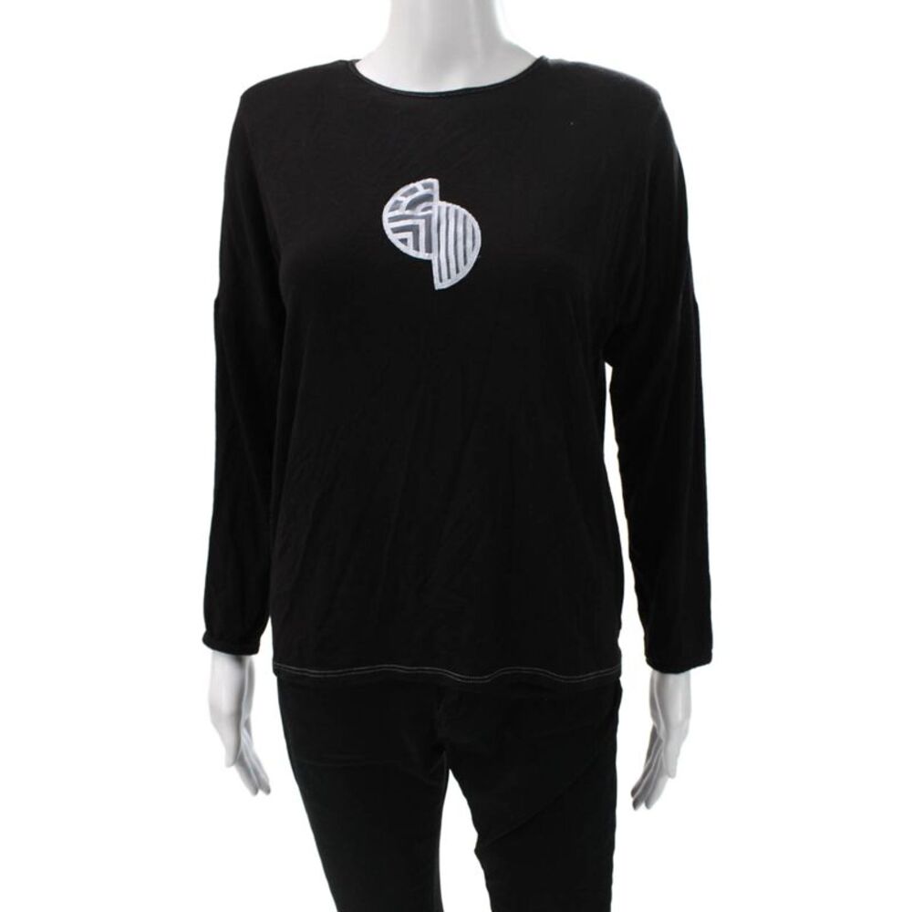Feraud Women Basic T-Shirt Black Long Sleeve Round Neck Geometric Size 42
